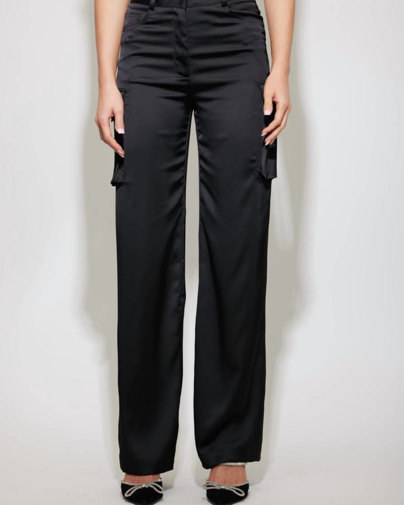 Front of a model wearing a size 10 Nate Satin Cargo Pants In Black in Black by Generation Love. | dia_product_style_image_id:357590
